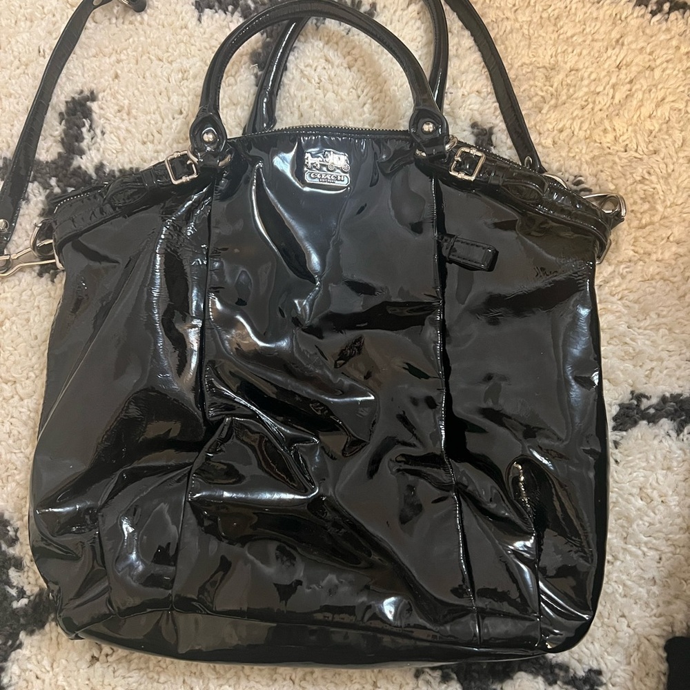 Large Coach Handbag, Madison Lindsey Line, Authentic, Black Patent Leather